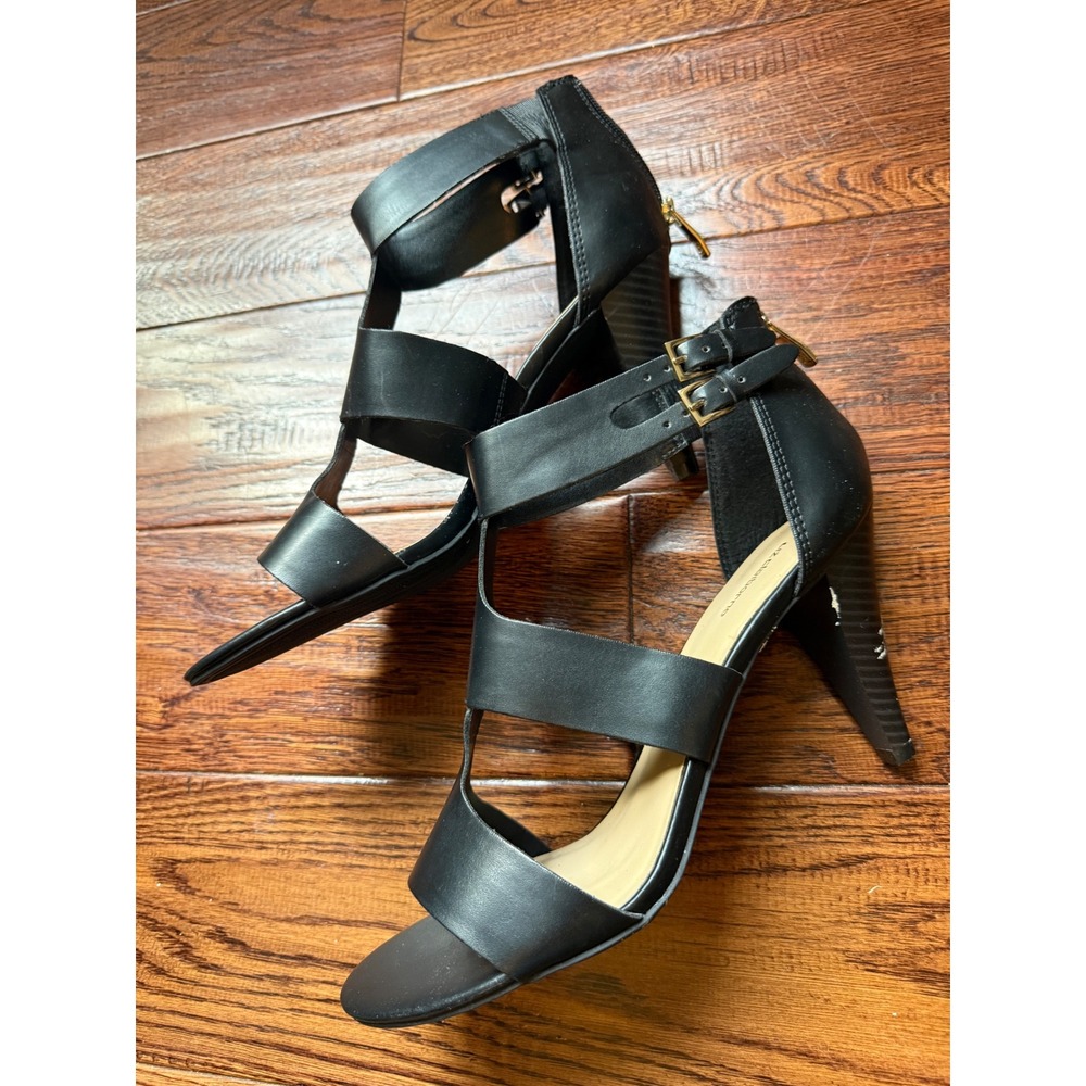 Liz Claiborne Black Strappy Cage Heels Gold Buckle Ankle Zip Sandals Size 11